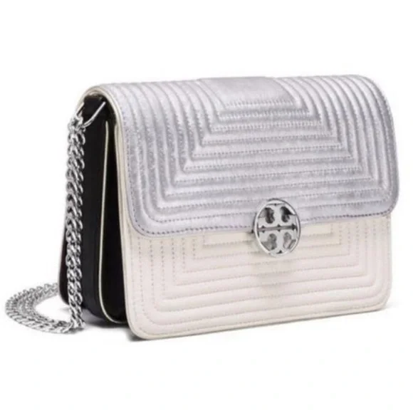 TORY BURCH "RARE" LUXURY TRAPUNTO DUET CHAIN CONVERTIBLE BAG 🩶🤍LIKE NEW🤍🩶 - Picture 1 of 17